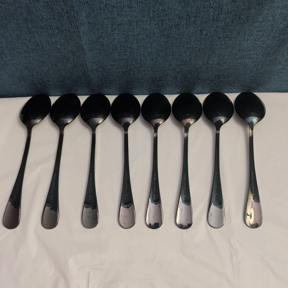 Set of 8 Black Stainless Steel Spoons 18/0 Modern Onyx Flatware Table Spoons Set